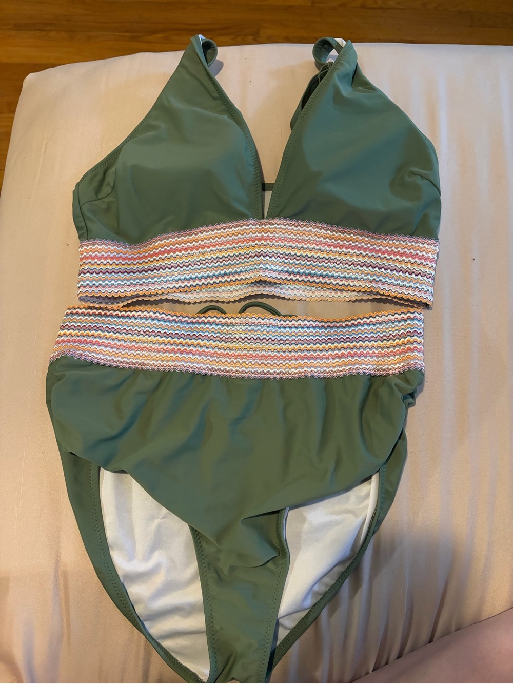 Olive Green Two Piece Swimsuit with Multicolor Waist Band